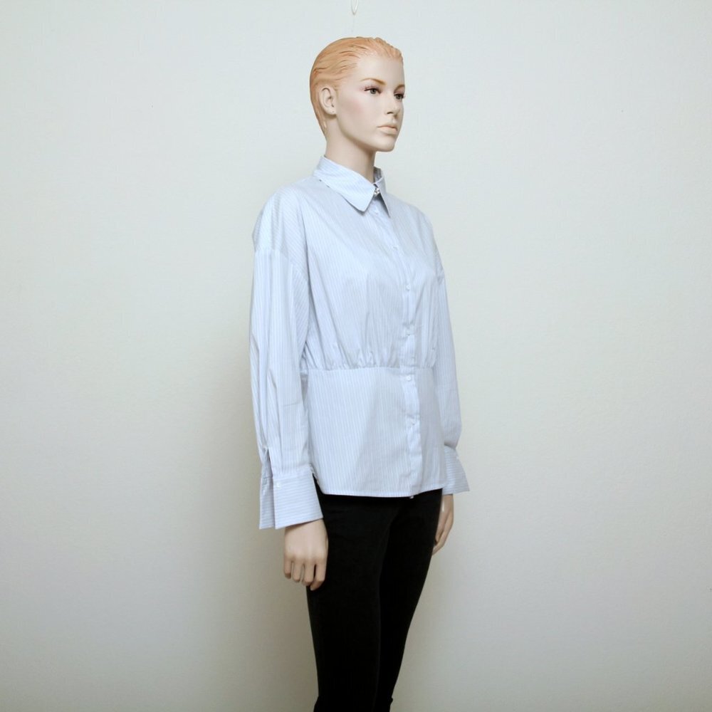 Sandro Paris Smocked  Shirt Minimalist Pinstripe Old Money Blue‎ Women 2